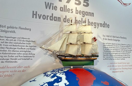 Auf einem großen Modellglobus ist ein Modellsegelschiff. Einige der Länder sind rot eingefärbt. Hierbei handelt es sich um Länder und Herzogtümer die zu Zeiten der Flensburger Westindienfahrt zum dänischen Gesamtstaat zählten.