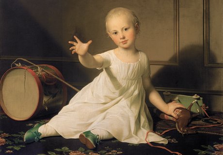 Das Gemälde „Herzog Friedrich Emil August von Schleswig-Holstein-Sonderborg-Augustenburg, gen. Prinz von Noer“ von Jens Juel zeigt einen kleinen Jungen. Er trägt ein weißes Gewand und streckt seine Hand den Betrachtenden entgegen. Neben ihm befindet sich Spielzeug, eine Trommel und ein Holzpferd.. 