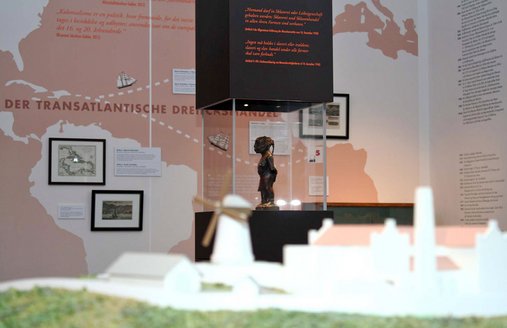 Im Vordergrund ist das Plantagenmodell zu sehe, dahinter eine Figur, die einen versklavten Menschen darstellen soll. Ganz im Hintergrund ist an der Wand der Dreieckshandel dargestellt.