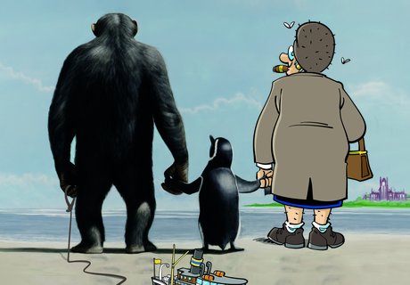 Auf dem Bild sieht man einen Gorilla, der eine Pinguin an der Hand hält, der wiederum die Hand einer Comic-Oma hält. Sie schauen auf das Meer. Am Horizont ist die Marineschule zu sehen. Man kann nur den Rücken der Tiere und der alten Frau sehen. Der Gorilla hält in seiner anderen Hand eine Schnur, an der ein Modell des Salondampfers ALEXANDRA hängt.