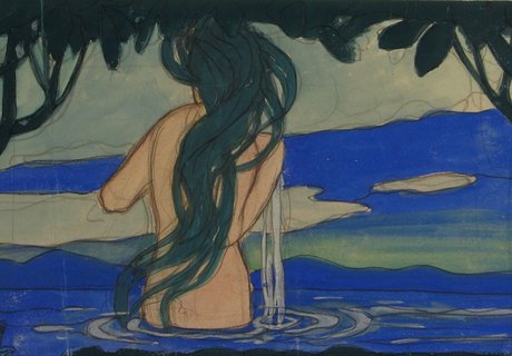 Abbildung des Aquarells „Akt im Wasser“ von Hans Christiansen. Das Aquarell zeigt eine nackte Frau mit langen Haaren. Sie steht im Wasser und ist von hinten zu sehen.