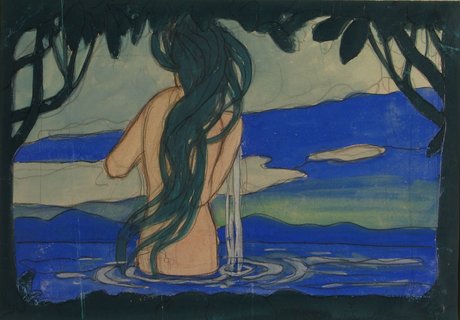 Abbildung des Aquarells „Akt im Wasser“ von Hans Christiansen. Das Aquarell zeigt eine nackte Frau mit langen Haaren. Sie steht im Wasser und ist von hinten zu sehen.