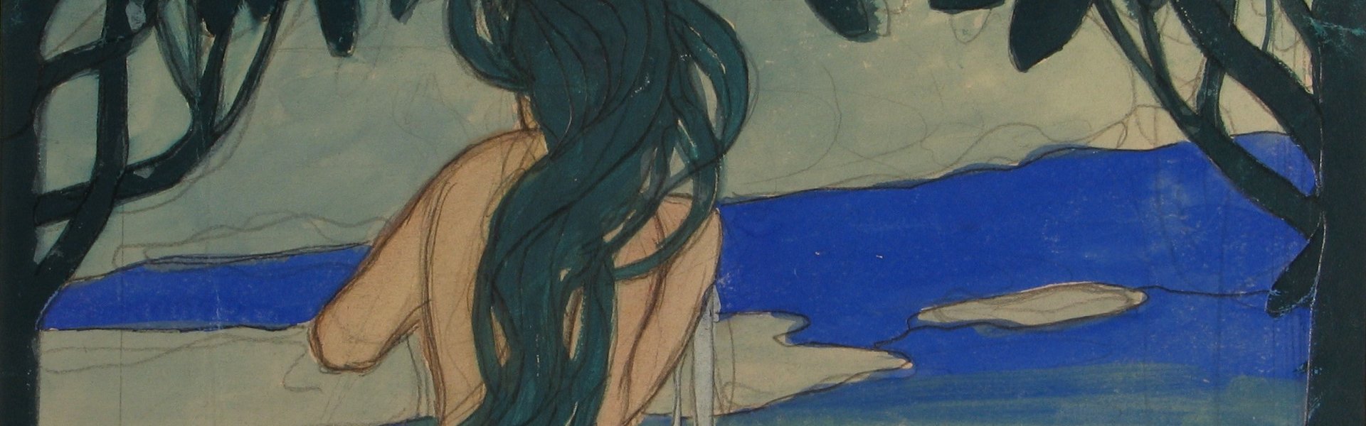Abbildung des Aquarells „Akt im Wasser“ von Hans Christiansen. Das Aquarell zeigt eine nackte Frau mit langen Haaren. Sie steht im Wasser und ist von hinten zu sehen.