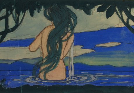 Abbildung des Aquarells „Akt im Wasser“ von Hans Christiansen. Das Aquarell zeigt eine nackte Frau mit langen Haaren. Sie steht im Wasser und ist von hinten zu sehen.