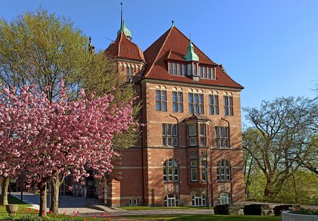 Das Heinrich-Sauermann-Haus ist ein Teil des Museumsberg Flensburg. Es ist ein Gebäude aus roten Steinen. Das Dach ist auch rot und blau. Das Haus hat viele Dekorationen und Fenster. Um das Gebäude herum gibt es blühende Bäume und Blumen. Der Himmel ist blau.
