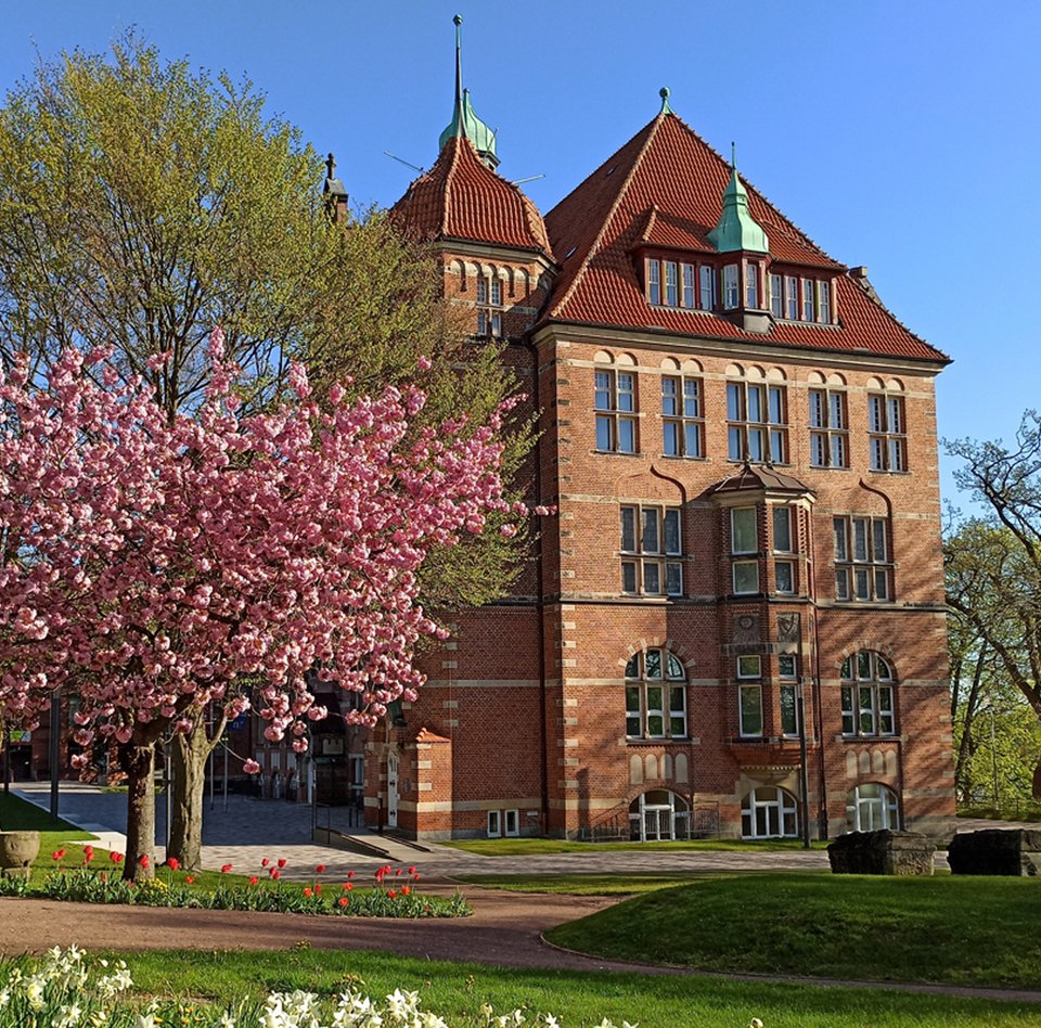 Das Heinrich-Sauermann-Haus ist ein Teil des Museumsberg Flensburg. Es ist ein Gebäude aus roten Steinen. Das Dach ist auch rot und blau. Das Haus hat viele Dekorationen und Fenster. Um das Gebäude herum gibt es blühende Bäume und Blumen. Der Himmel ist blau.
