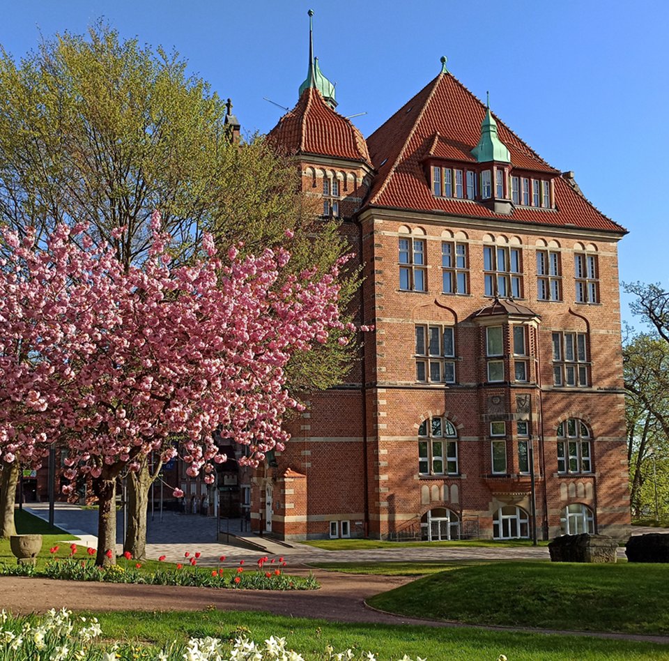 Das Heinrich-Sauermann-Haus ist ein Teil des Museumsberg Flensburg. Es ist ein Gebäude aus roten Steinen. Das Dach ist auch rot und blau. Das Haus hat viele Dekorationen und Fenster. Um das Gebäude herum gibt es blühende Bäume und Blumen. Der Himmel ist blau.