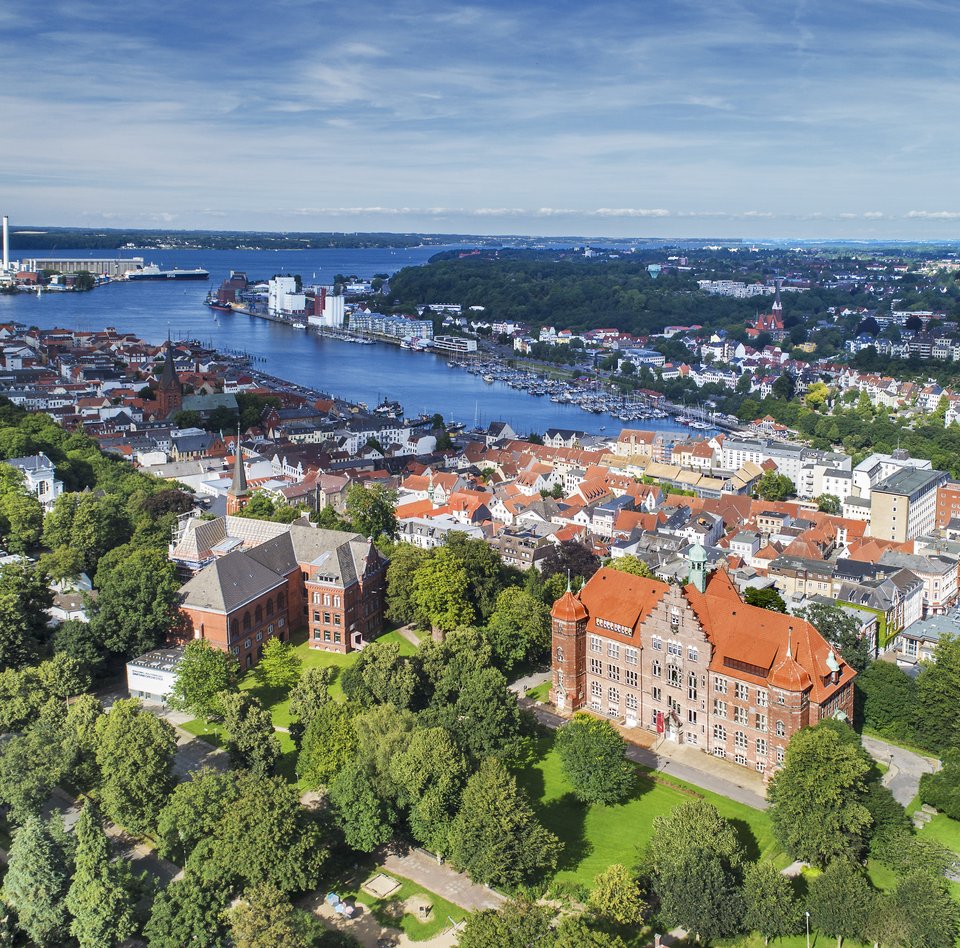 Heinrich-Sauermann-Haus og Hans-Christiansen-Haus er de to store huse foran. Tilsammen udgør de Museumsberg Flensburg. Billedet er taget højt oppe, derfor kan man også se andre huse og Flensborg Fjord.