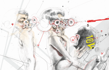 Zwei Personen tragen außergewöhnliche Brillen, die futuristisch anmuten.