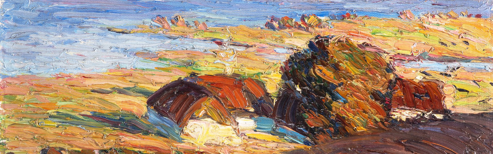 Maleriet „Sonderburg“ af Emmy Gotzmann viser et landskab. Maleriet er abstrakt. I baggrunden kan man se himlen og havet. I forgrunden ses et landskab med bygninger.