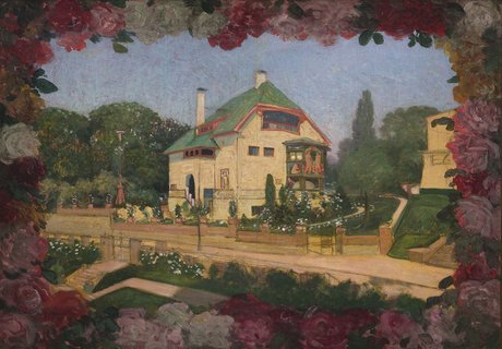 Abbildung des Gemäldes „Haus in Rosen“ von Hans Christiansen. Das Gemälde zeigt ein Haus mit Garten.  Das Haus hat helle Wände und ein grünes Dach. Neben und hinter dem Haus stehen Bäume. In dem Bild wurde ein Rahmen um das Haus gemalt. 